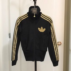 Adidas Black Jacket with Gold Stripes and Sequin Logo